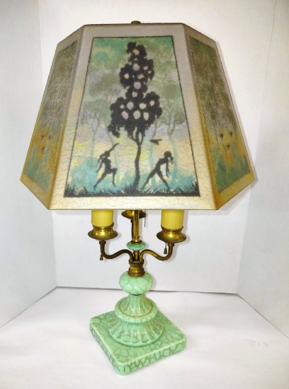 GORGEOUS 22.5" VINTAGE JADEITE LAMP & REVERSE PAINTED SHADE with DANCERS, BIRDS - PICK UP ONLY