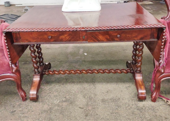 EMPIRE STYLE DROP-LEAF LIBRARY TABLE with 2 DRAWERS, TWISTED LEGS & CABLE - PICK UP ONLY