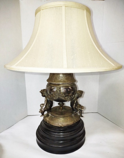 ORNATE 23" TABLE LAMP with SILVERPLATE BASE & CHILDREN (Newer cloth shade)