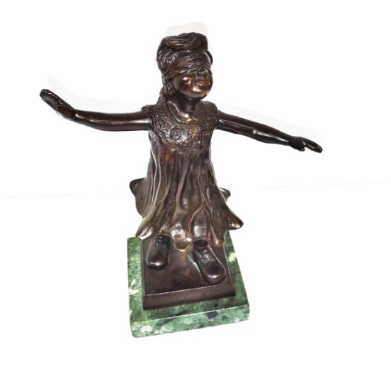 VINTAGE 8" BRONZE G. FERRAT FRENCH BLINDFOLDED PLAYING GIRL STATUE (UNSIGNED)