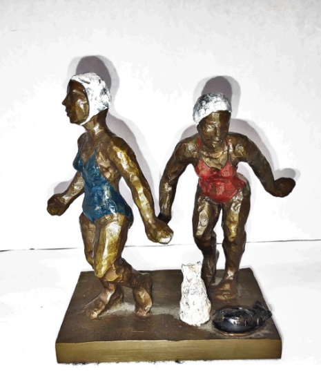 VINTAGE 6" BRONZE SCULPTURE with SWIMMERS & CATS (SIGNED LEES)