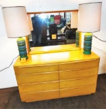 MID-CENTURY HEYWOOD WAKEFIELD 8 DRAWER CHAMPAGNE DRESSER with MIRROR - PICK UP ONLY