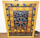 LARGE ANTIQUE STAINED GLASS WINDOW in wooden frame PICK UP ONLY