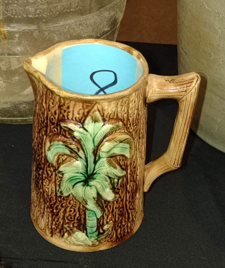1800'S MAJOLICA PITCHER with PALM TREE