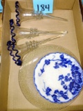EPERGNE VASES, LG BOBECHE, FLOW BLUE DISH (has chip) - PICK UP ONLY