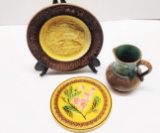 MAJOLICA HUNTING SCENE PLATE, PITCHER, TRIVET  