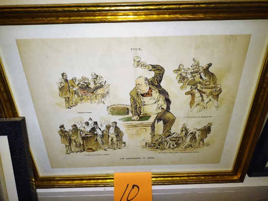 FRAMED LATE 1800'S PUCK LITHO "LAWMAKERS AT WORK" POLITICAL CARTOON