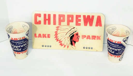 VINTAGE CHIPPEWA LAKE LICENSE PLATE TOPPER & CUPS