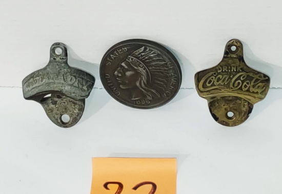 VINTAGE COCA-COLA, CANADA DRY BOTTLE OPENERS, REPRO LUCKY PENNY PAPERWEIGHT