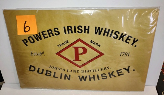 LG 22"wide POWERS IRISH WHISKEY METAL ADVERTISING SIGN- PICK UP ONLY