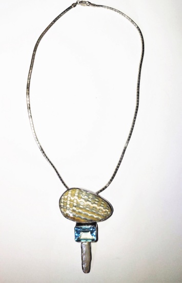 MARGARET THURMAN STERLING, BLUE TOPAZ & MOP PENDANT