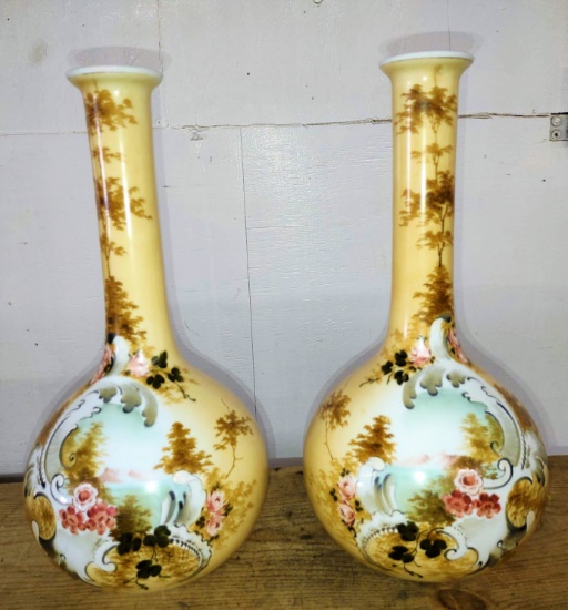 PAIR LARGE 17.5" ANTIQUE VICTORIAN HAND PAINTED BRISTOL STYLE MILK GLASS VASES - PICK UP ONLY
