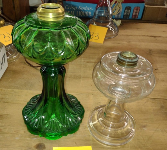 ANTIQUE KEROSENE OIL LAMP BASES with GREEN ERIN'S FAN PATTERN