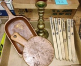 WOODEN SCOOP, PADDLE, BRASS CANDLESTICK & HERB IDENTIFICATION DECOR
