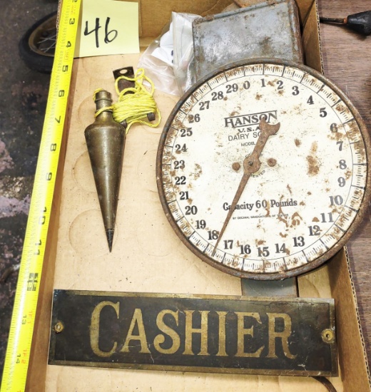 VINTAGE BRASS PLUMB BOB, CASHIER PLATE, ETC