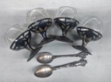 2 STERLING SPOONS & 4 STERLING SNIFER BASES with GLASS INSERTS