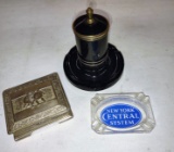 VINTAGE GLASS ASHTRAY with CIGARETTE HOLDER, CIGARETTE BOX & NYC ASHTRAY (some roughness on bottom)