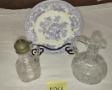 1800's SYRUP, EGERSUND TRANSFER PLATE & LARGE CRUET (little roughness on rim under stopper)