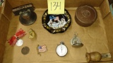 VINTAGE ITEMS with COMPASS, STOP WATCH, SEAGRAM'S FOB, LIBERTY BELL BANK, MOON LANDING ASHTRAY, ETC.