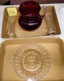 VINTAGE RUBY GLASS PITCHER, ETCHED VASES, GRANT BREAD PLATE (few rough spots on bottom)PICK UP ONLY