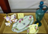 VINTAGE HAND PAINTED ITEMS & BLUE GLASS CRUET - PICK UP ONLY