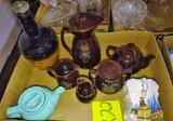 VINTAGE JAPANESE MORIAGE REDWARE ITEMS, CERAMIC BOTTLE, ETC. - PICK UP ONLY