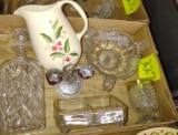 MISCELLANEOUS GLASSWARE, DECANTER, POTTERY PITCHER - PICK UP ONLY