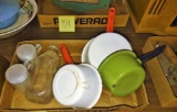 VINTAGE ENAMEL PANS, MILK BOTTLE, SHAKERS - PICK UP ONLY