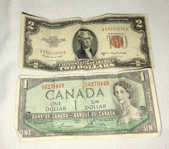 1953B $2 US NOTE & 1954 CANADIAN DOLLAR