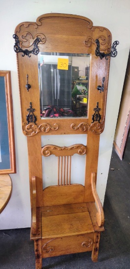ANTIQUE QUARTER SAWN OAK LIFT SEAT HALL TREE - PICK UP ONLY