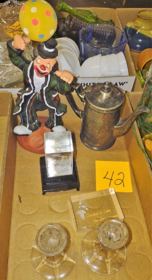 CLOWN FIGURINE, SILVERPLATE TEAPOT, CANDLESTICK HOLDERS, ETC. - PICK UP ONLY