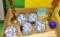 DECORATIVE CHINOISERIE PORCELAIN BALLS & BRASS CANDLESTICKS
