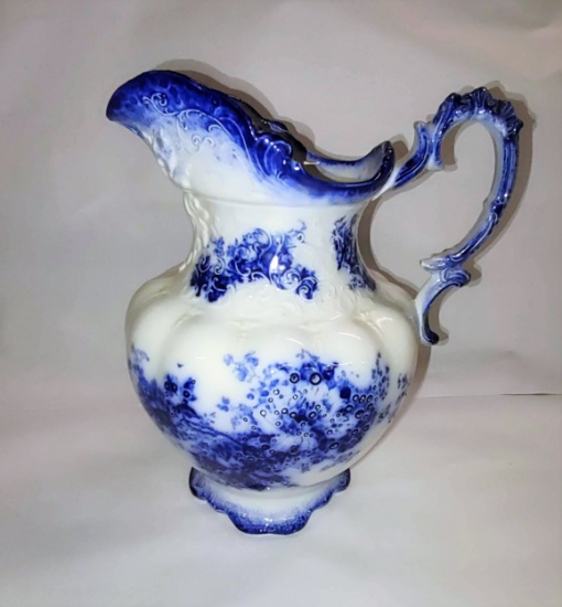 ANTIQUE ALFRED MEAKIN FLOW BLUE PITCHER "PEONY"- PICK UP ONLY