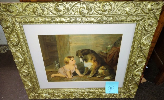ANTIQUE GOLD GILT FRAME with DOG & CHILD PRINT - PICK UP ONLY