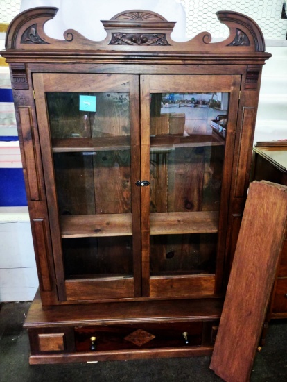 1800's WALNUT GLASS FRONT BOOKCASE with DRAWER - PICK UP ONLY