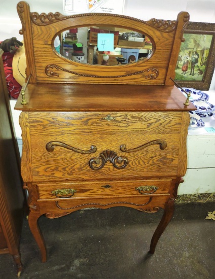 VICTORIAN OAK SLANT-FRONT SECRETARY with MIRROR - PICK UP ONLY