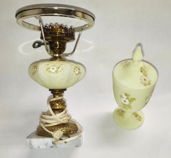 FENTON CUSTARD GLASS LAMP BASE & CANDY DISH (Signed Nancy Gribble) - PICK U