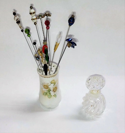 HATPIN HOLDER, PINS & SMALL GLASS COLOGNE BOTTLE