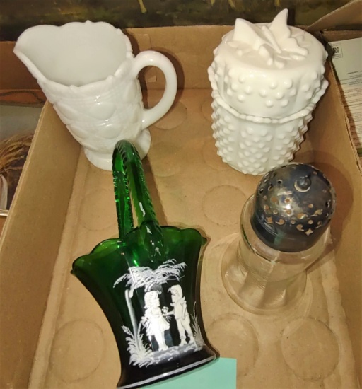VINTAGE MILK GLASS, MARY GREGORY GREEN BASKET & GLASS SUGAR SHAKER