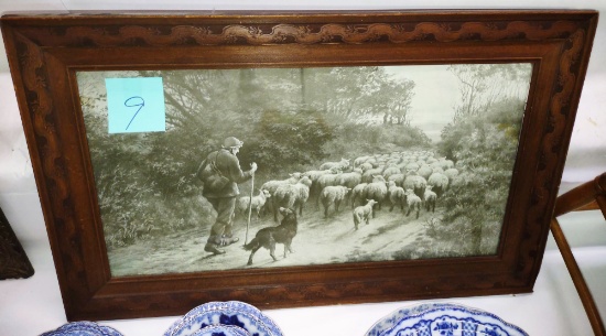 ANTIQUE CARVED WALNUT FRAMEwith shepherd print - PICK UP ONLY