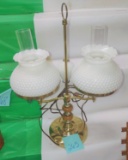 VINTAGE DOUBLE ARM MILK GLASS HOBNAIL STUDENT LAMP - PICK UP ONLY