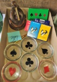 VINTAGE ASHTRAYS, CARDS, THERMOMETER