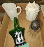VINTAGE MILK GLASS, MARY GREGORY GREEN BASKET & GLASS SUGAR SHAKER