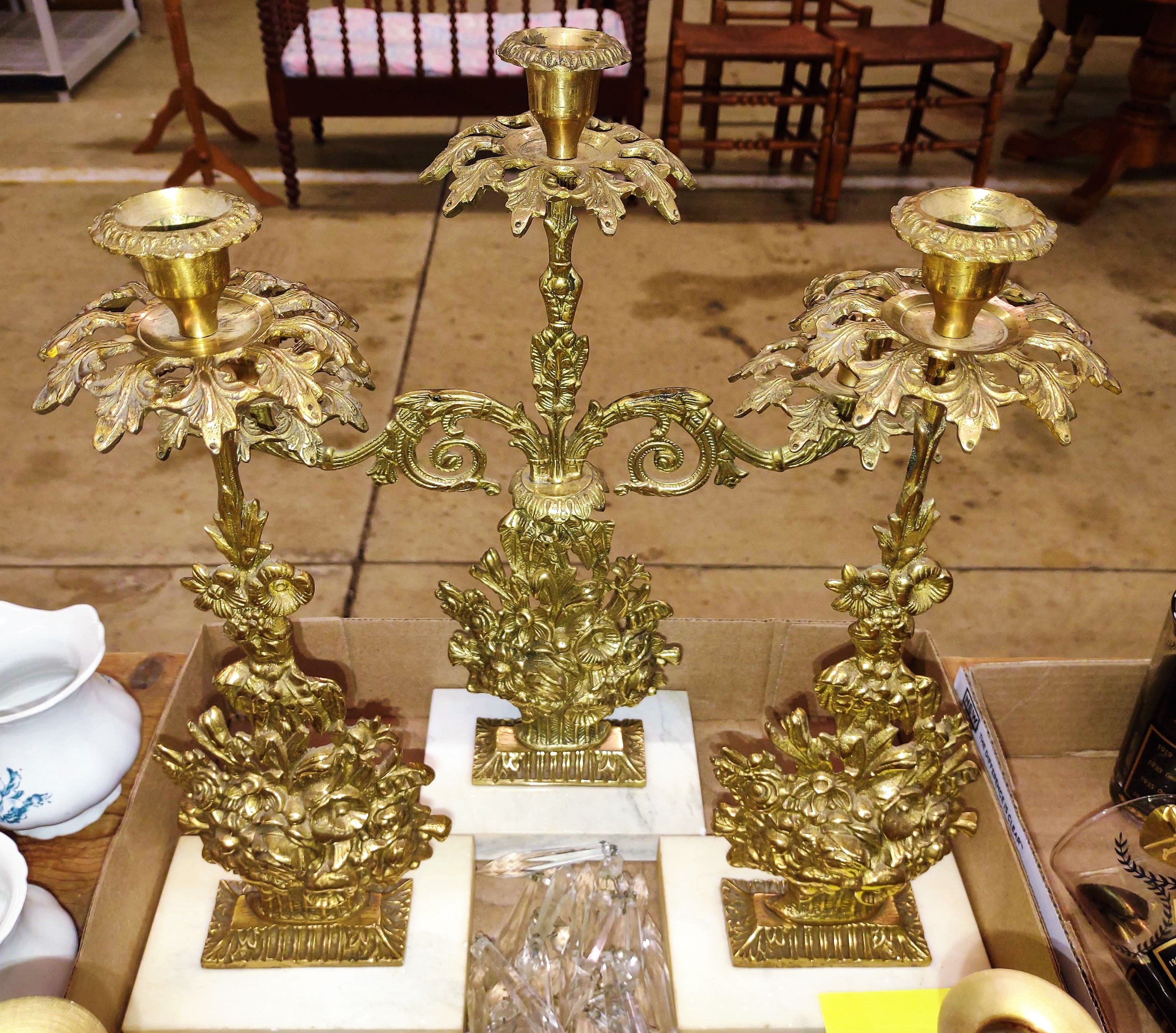 Antique Victorian Brass Marble Base 3 Piece Girandole Candelabra