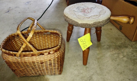 VINTAGE 3 LEG MAPLE STOOL & BASKET - PICK UP ONLY