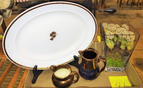 LUSTERWARE, TEA LEAF IRONSTONE PLATTER & DECORATIVE ARRANGEMENT - PICK UP ONLY
