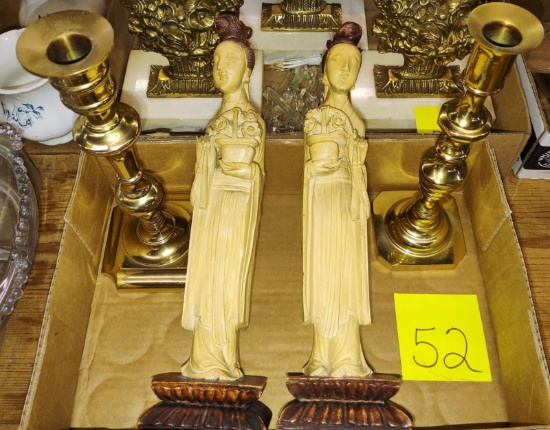 CHINESE FIGURINES & BRASS CANDLESTICKS (not same size) - PICK UP ONLY
