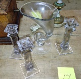 VINTAGE CAMBRIDGE?? CORNUCOPIA VASE & CANDLESTICKS - PICK UP ONLY