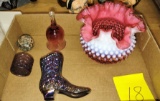 FENTON CRANBERRY HOBNAIL RUFFLED BOWL, CRANBERRY BELL & OTHER VINTAGE GLASSWARE - PICK UP ONLY