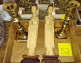 CHINESE FIGURINES & BRASS CANDLESTICKS (not same size) - PICK UP ONLY